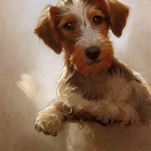 Prompt: a high quality painting of a very cute scruffy wire haired jack russell terrier puppy, white with chocolate brown spots, brown patches over both eyes. friendly, curious expression. painting by artgerm and greg rutkowski and alphonse mucha