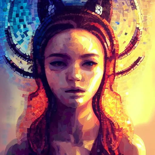 Image similar to mosaic portrait of a beautiful young girl with robot ears falling into the sun by Ross Tran, 4k, intricate details