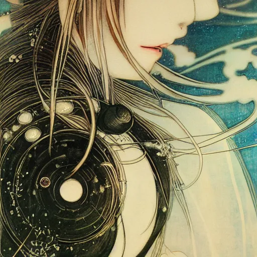 Image similar to yoshitaka amano blurred and dreamy realistic illustration of a young japanese woman with black eyes, wavy white hair fluttering in the wind wearing elden ring armor with engraving, abstract patterns in the background, satoshi kon anime, noisy film grain effect, highly detailed, renaissance oil painting, weird portrait angle, blurred lost edges, three quarter view