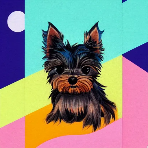Prompt: Yorkshire Terrier under a rainbow picture by Sachin Teng, asymmetrical, dark vibes, Realistic Painting , Organic painting, Matte Painting, geometric shapes, hard edges, graffiti, street art:2 by Sachin Teng:4