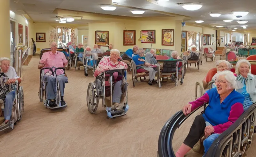 Prompt: a rollercoaster inside of a senior retirement home