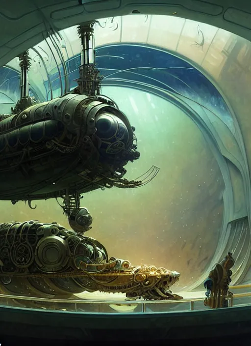 Image similar to epic concept illustration, highly detailed, intricate mechanical design, hard science concept art, underwater nautilus submarine being prepared for launch, by greg rutkowski and alphonse mucha. uhd, cinematic lighting, amazing depth, cinematography by 2 0 1 7