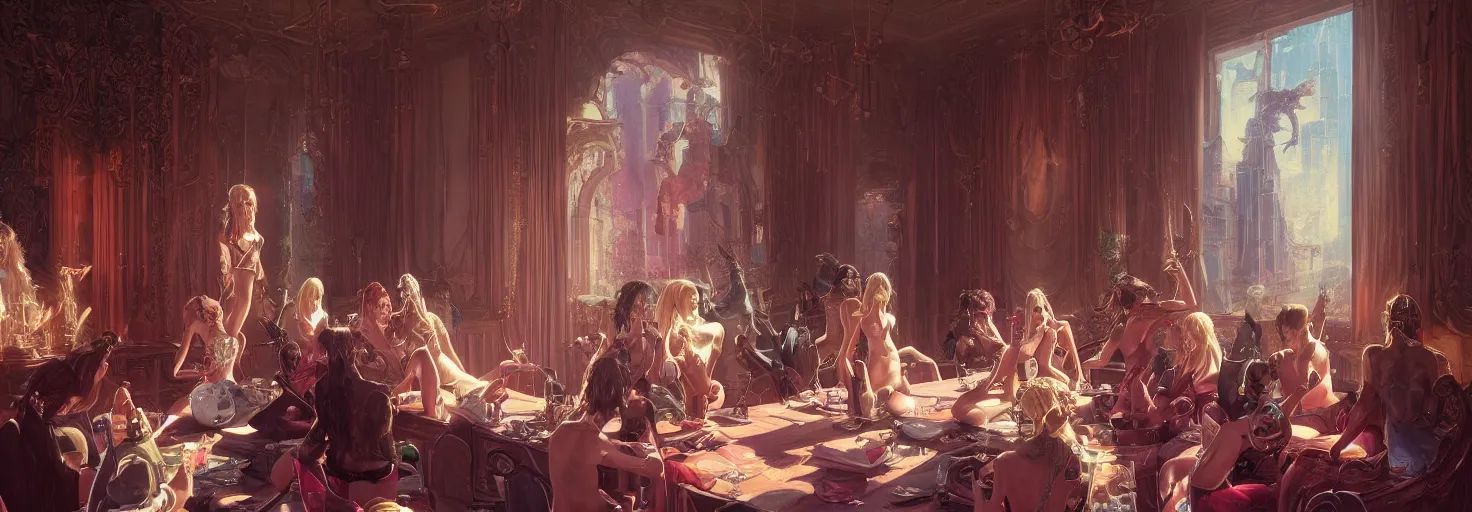 Prompt: party whores, orgy!! beautiful expensive interior of a large furnished apartment, fantasy duel, high detail, very realistic, by greg rutkowski, by james gurney ultra clear detailed, digital painting by ( ( makoto shinkai ) ), moebius moebius, surrealism, trending on artstation