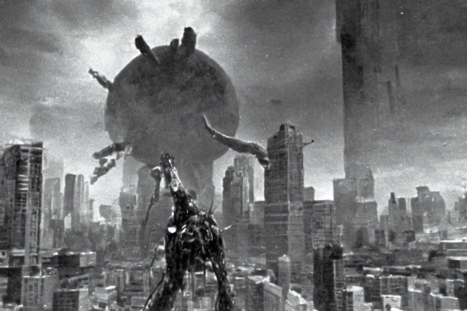 Prompt: still image taken from sci fi horror movie of a giant praying phage attacking a city. low camera angle. 1 9 6 0.