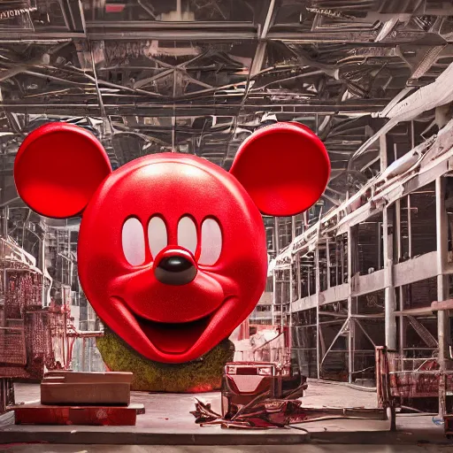 Image similar to a giant mickey mouse head, factory floor, dissected by a group of network executives, octane render, cgstation, 3 d render, very detailed, mindblowing, blood and guts, gritty, cyberpunk, red and cinematic lighting, hyper realism