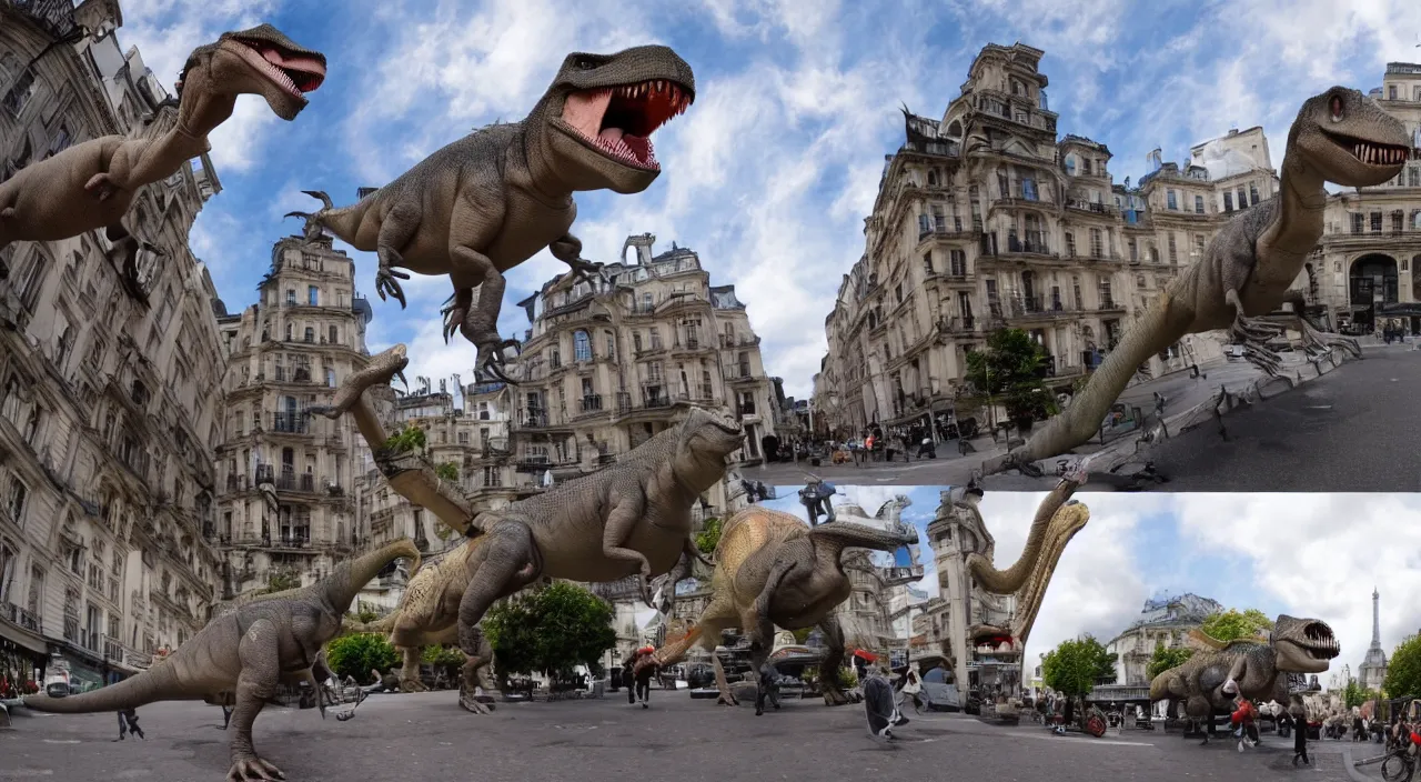 Prompt: gopro pov dinosaurs in paris streets day light, hyper realistic, sharp focus, ultra detailed, ( ( fisheye ) ),