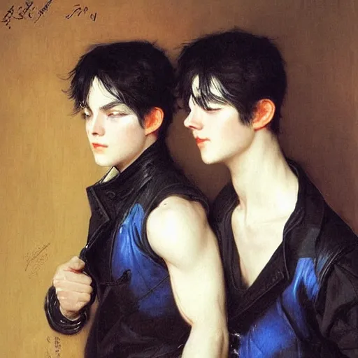 Prompt: twin brothers with black hair and blue eyes play fighting. Ruan Jia. JC Leyendecker. Karlkka