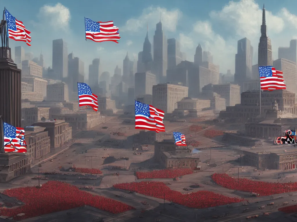 Prompt: landscape matte painting of a communist american state capital showing the triumph of communism in america, socialist american state flags, socialist statues, digital painting, modern city scape, conflict, camaraderie, sacrifice, hope, highly detailed, 4 k, artstation, photorealistic, architecture, america 2 0 9 8 by fan wennan