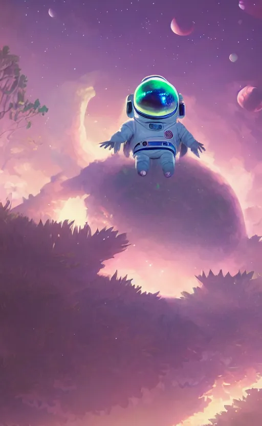 Image similar to a still of a cute adorable tiny astronaut, on a planet of lush foliage, with an enormous kaiju dragon surrounding, magical forest, sharp focus, neon backlit, highly detailed, disney pixar studio ghibli makoto shinkai, digital painting, matte, octane render, global illumination, iridescent, anime, 8 k concept art