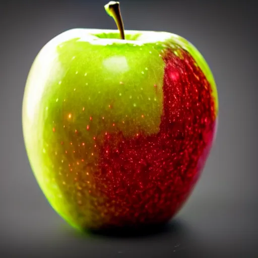 Image similar to professional photo of an apple that is blue, with a glowing gold aura around it, highly detailed, extremely high quality, hd, 4 k, 8 k, professional photographer, 4 0 mp, canon 3 0 0 mm, lifelike, top - rated, award winning, realistic, detailed lighting, detailed shadows, sharp, no blur, edited, corrected, trending