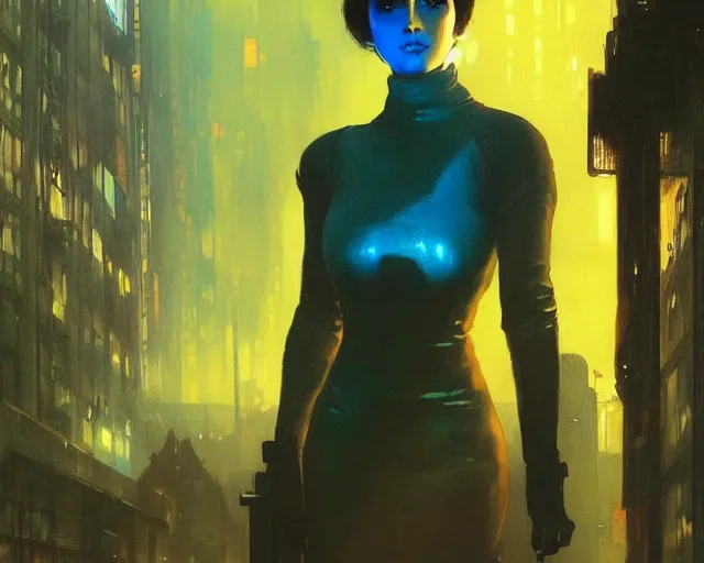 Image similar to 2 0 1 8 blade runner movie still girl look at the cityscape from roof perfect face fine realistic face pretty face reflective polymer suit tight neon puffy jacket blue futuristic sci - fi elegant by denis villeneuve tom anders zorn hans dragan bibin thoma greg rutkowski ismail inceoglu illustrated sand storm alphonse mucha
