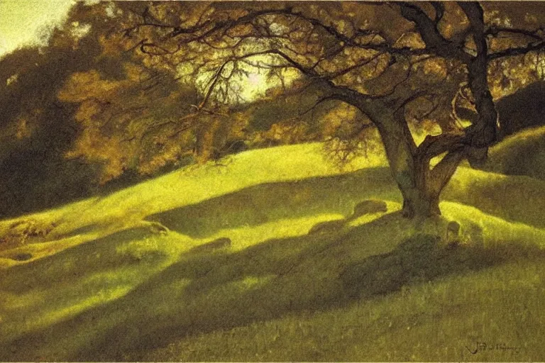 Image similar to masterpiece painting of oak trees on a hillside overlooking a creek, dramatic lighting, by jessie willcox smith