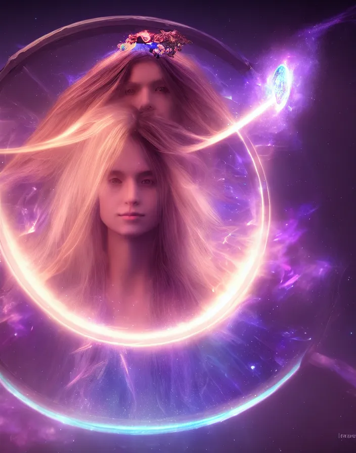 Prompt: goddess of magic and galaxy cosmos with long hair, mirrors, glass, magic circle, magic doorway, fantasy, cosmos, beautiful, mist, bio - luminescence, hyperrealistic 4 k, unreal engine, high detail