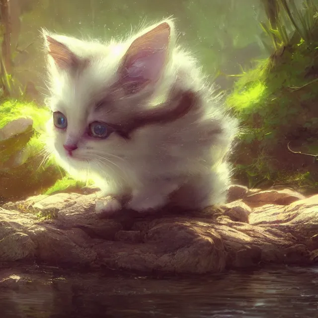 Image similar to a painting of a cute kitten at a creek. disney character design by cory loftis, fenghua zhong, ryohei hase, ismail inceoglu and ruan jia. volumetric light, detailed, rendered in octane