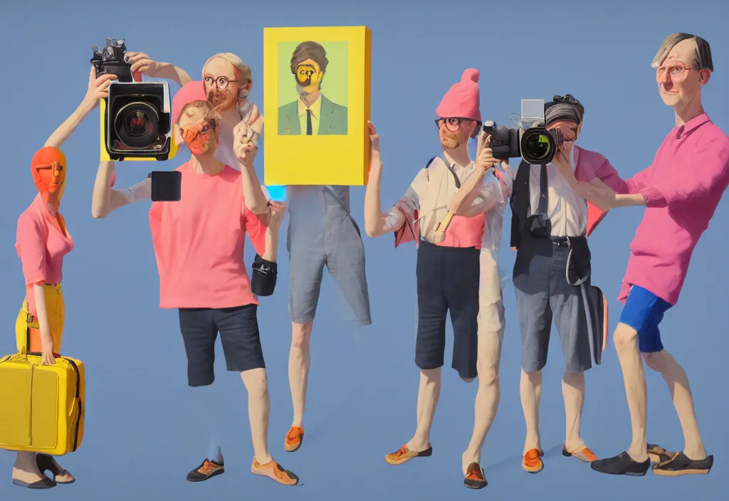 Image similar to full body portrait of a trio of european tourists with nikon cameras, various poses shooting photos, character designs painting, in the style of wes anderson, rene magritte, lola dupre, david hockney, isolated on white background, dark monochrome neon spraypaint accents volumetric octane render