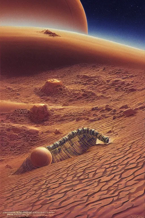 Prompt: a sandworm on arrakis, god emperor of dune by david a hardy and noriyoshi ohrai, highly detailed, cinematic composition, trending on artstation