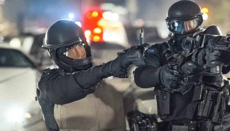 Image similar to big budget action movie about police shooting at a demonic cyborg