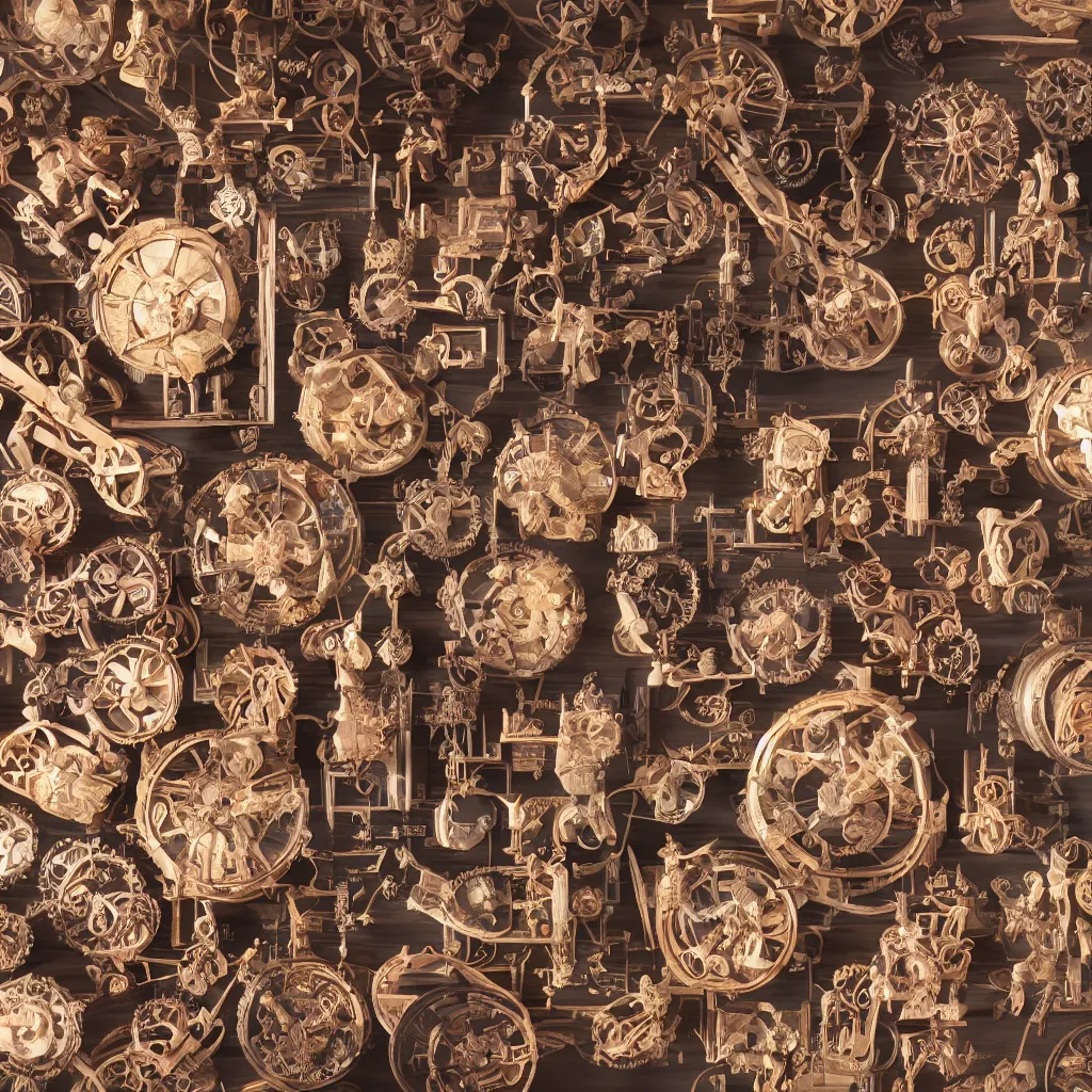 Image similar to a collection of victorian automatons, inside different color wooden boxes. top down photo, close macro photo. cinema 4d render , studio photo, 8k