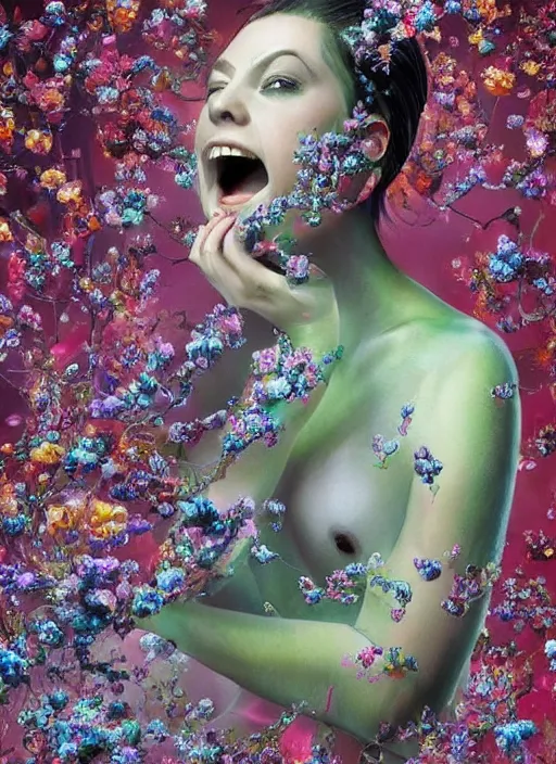 Image similar to hyper detailed 3d render like a chiariscuro Oil painting with focal blur - Aurora (Singer) looking adorable and seen in dynamic pose joyfully Eating of the Strangling network of glowing and milky Fruit and Her delicate Hands hold of gossamer polyp blossoms bring iridescent fungal flowers whose spores black the foolish stars to her smirking mouth by Jacek Yerka, Mariusz Lewandowski, Houdini algorithmic generative render, Abstract brush strokes, Masterpiece, Edward Hopper and James Gilleard, Zdzislaw Beksinski, Mark Ryden, Wolfgang Lettl, hints of Yayoi Kasuma, octane render, 8k