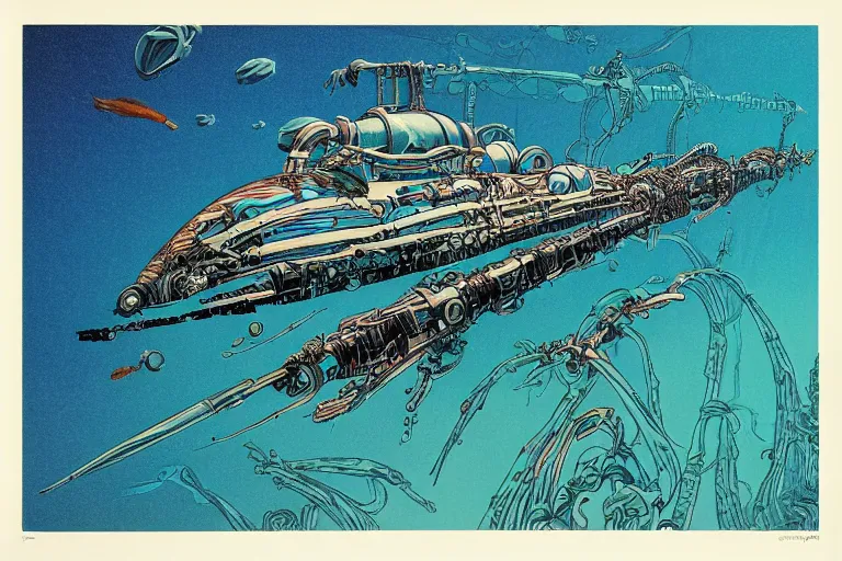 Prompt: risograph artwork of a biomechanical submarine underwater by Moebius and Alex Ross, intricately deteailed, trending on artstation