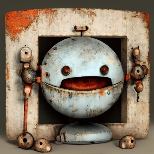 Image similar to a small chubby bot, smooth panelling, one large eye intricate detail, with rusty arms, broken antenna, recycled, floating, white studio, ambient light, in the style of pokedstudios,