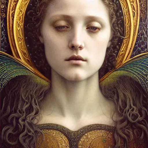 Prompt: detailed realistic beautiful young medieval queen face portrait by jean delville, tom bagshaw, brooke shaden, gustave dore and marco mazzoni, art nouveau, symbolist, visionary, gothic, pre - raphaelite, ornate gilded medieval icon, surreality, ethereal, unearthly, haunting, celestial, neo - gothic, ghostly, memento mori, nightmare