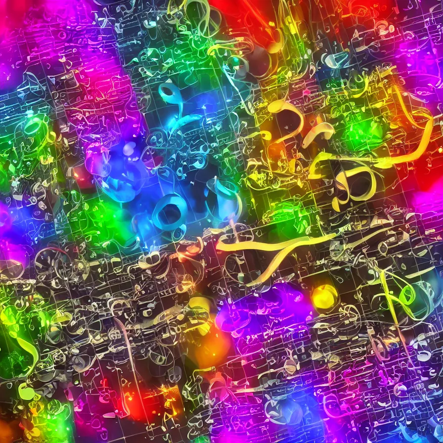 Prompt: realistic detailed 3D render of music, industries, toxic waste, full of colors and musical notes