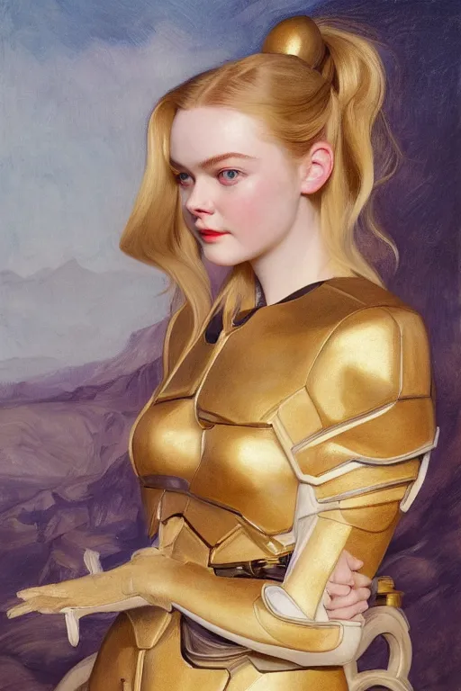 Prompt: Elle Fanning as an Android, oil on canvas, golden hour, artstation, by J. C. Leyendecker and Peter Paul Rubens,