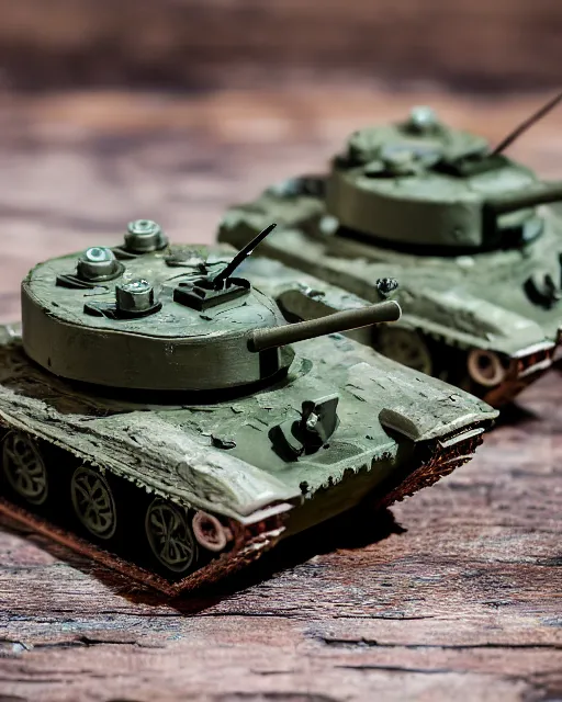 Image similar to high quality presentation photo of a detailed miniature diorama of a tank battle with miniature soldiers, photography 4k, f1.8 anamorphic, bokeh, 4k, Canon, Nikon