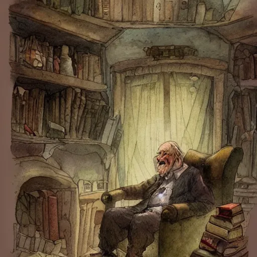 Image similar to whimsical fantastical a muted color watercolor sketch of a old man sitting in big chair next of a fireplace in his whimsical fantastical hobbit house living room surrounded by stacks of books from a whimsical fantastical story book character ifrom the book Baltimore & Redingote by Jean-Baptiste Monge of an old man in the style of by Jean-Baptiste Monge that looks like its by Jean-Baptiste Monge and refencing Jean-Baptiste Monge