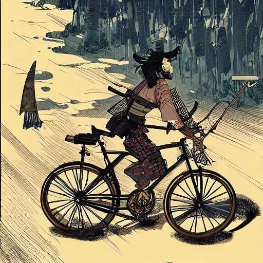 Image similar to japanese samurai riding a bicycle that looks like Borderlands and by Feng Zhu and Loish and Laurie Greasley, Victo Ngai, Andreas Rocha, John Harris