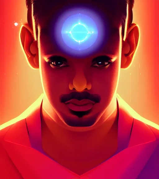 Image similar to symmetry!! indian prince of technology, solid cube of light, hard edges, product render retro - futuristic poster scifi, lasers and neon circuits, brown skin handsome indian prince, intricate, elegant, highly detailed, digital painting, artstation, concept art, smooth, sharp focus, illustration, dreamlike, art by artgerm