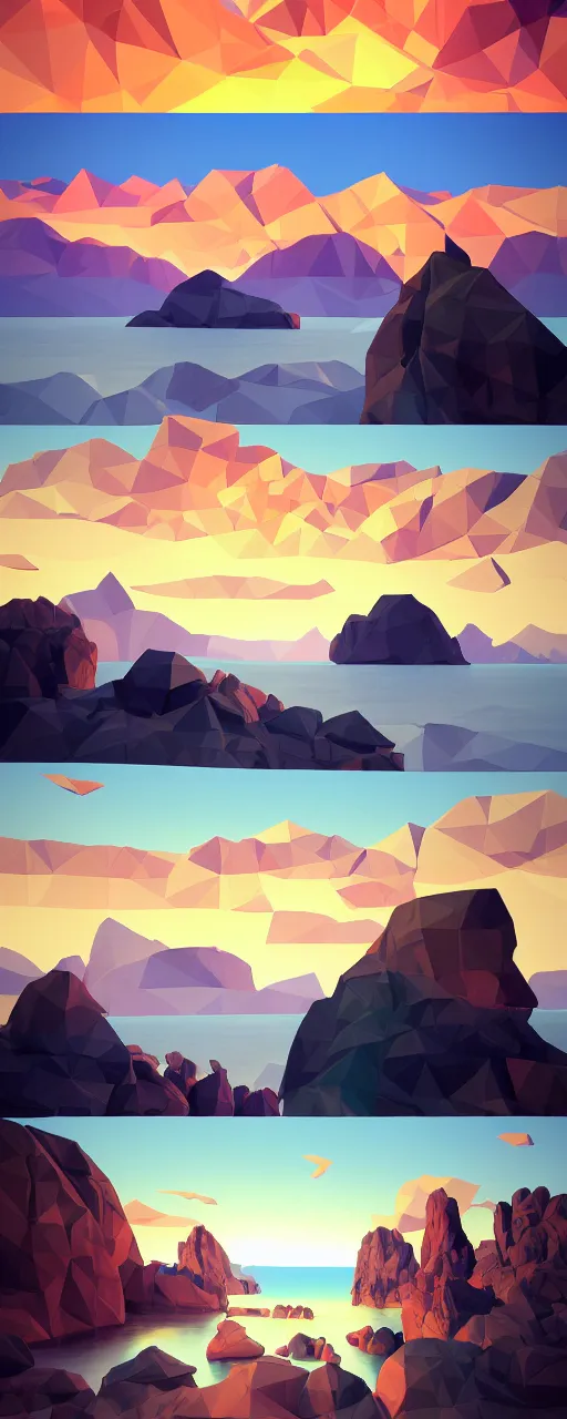 Image similar to super detailed color lowpoly art, northern sunset with rocks on front, monochrome photorealistic bay in the middle of perspective and mountains at background, big graphic vessel in the middle of composition, unreal engine, high contrast color palette, 3 d render, lowpoly, colorful, digital art, perspective, full volume composition, robb cobb, robert mccall, syd mead