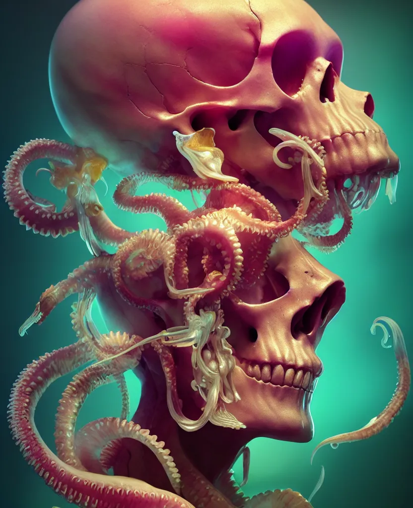 Image similar to goddess close - up portrait human skull, ram skull, squid phoenix jellyfish, orchid, betta fish, bioluminiscent, intricate artwork by tooth wu and wlop and beeple. octane render, trending on artstation, greg rutkowski very coherent symmetrical artwork. cinematic, hyper realism, high detail, octane render, 8 k