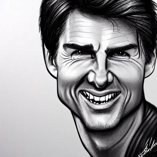 Image similar to caricature drawing of tom cruise smiling, exaggerated features, highly detailed, drawing by mahesh nambiar, sebastian kruger, archille superbi, carola rubio, artstation