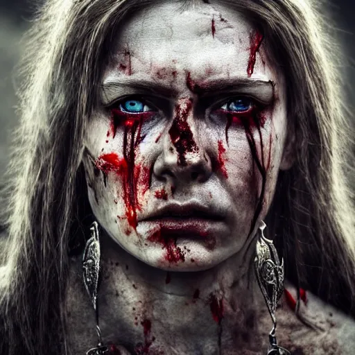 Prompt: Ultrawide realistic photo of a bloody fierce viking woman, injured, battle-scarred mind-blowing details, highly detailed face, ethereal, sadness, luxury, ominous, scarred, highly detailed, viking attire, cinematic, 16k, 1080s, smooth, sharp focus, by Stanley Artgermm, WLOP, trending on DeviantArt, trending on ArtStation, digital art, Smooth gradients, depth of field, shot on Canon Camera