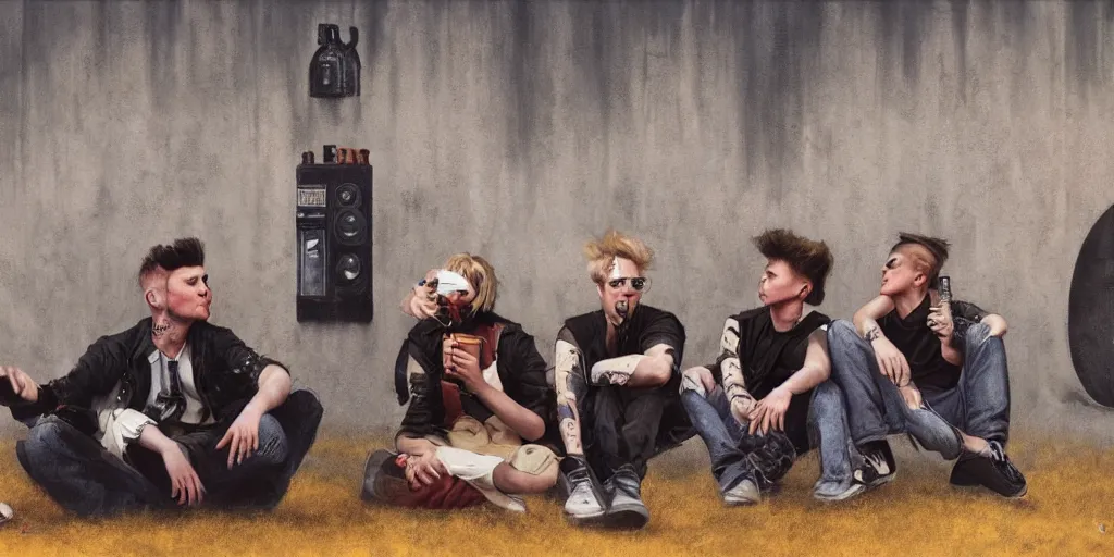 Image similar to beautiful oil matte portrait painting, 8 0 s punks sitting on the berlin wall drinking bottles of beer and listening to a boombox, wonderful masterpiece highly detailed, beautiful cinematic light deep focus, elegant, digital painting, smooth, sharp focus, golden ratio, dramatic illumination, ultra realistic, 8 k, art by jimmy law