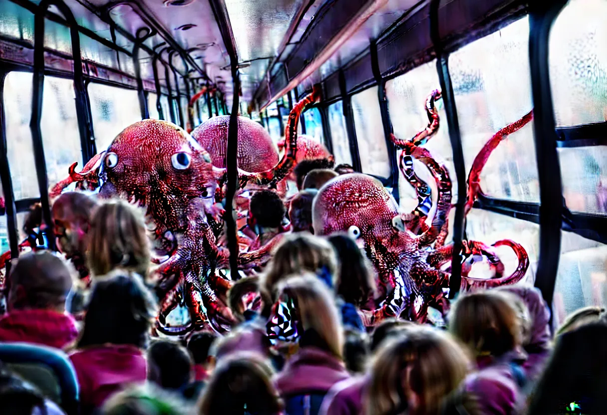 Prompt: a wide photo of a interior of a crowded bus with a huge octopus trying to get in, octopus beak can be seen, arms creeping in thrugh the windows, people are scared and screaming while trying to free through the windows and doors,