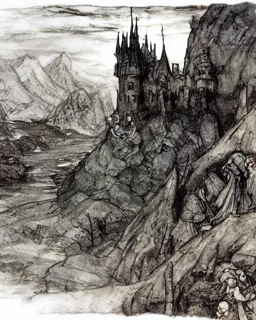 Prompt: a beautiful landscape with a castle, hand drawn, fantasy art, in the style of john constable, arthur rackham, and edmund dulac, illustration, epic, fantasy, intricate, smooth, sharp focus