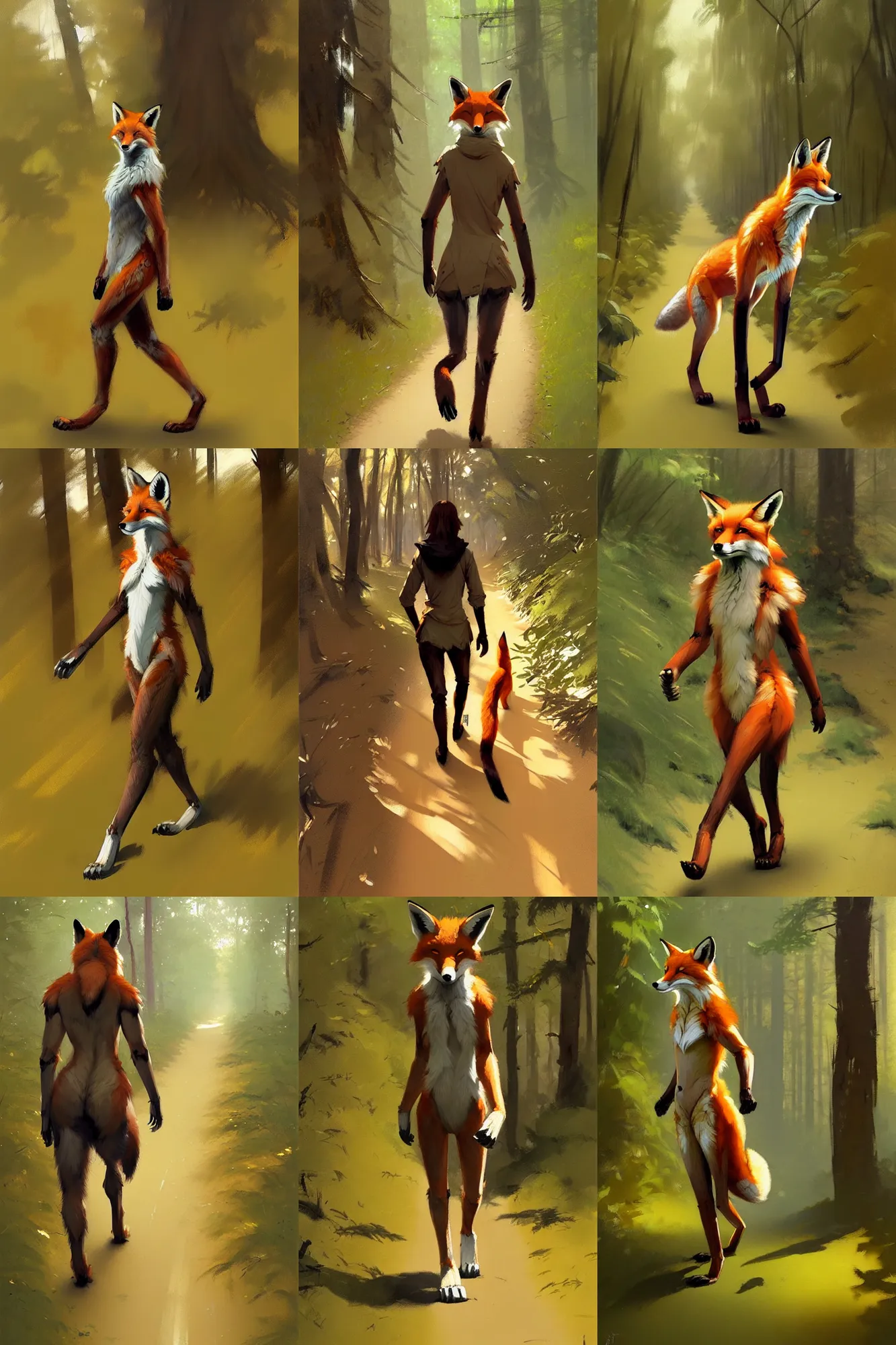 Prompt: anthro digitigrade natural - colored fox person, walking upright in a forest, greg rutkowski, gregory manchess