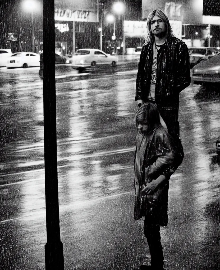 Image similar to medium format photo of kurt cobain in seattle, raining! nighttime, color, photorealistic, hyperdetailed, 8 k