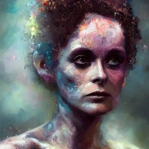 Image similar to impressionist oil painting, alien dark fae girlboss based on helena bonham carter mixed with sigourney weaver, bumpy mottled skin, big black feathered wings instead of arms, body horror, by yoshitaka amano, by greg rutkowski, by jeremy tv lipkinng, by artgerm, digital art, octane render