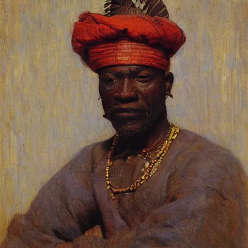 Prompt: portrait of Igbo chief, 1905, highly detailed, oil on canvas, by Ilya Repin