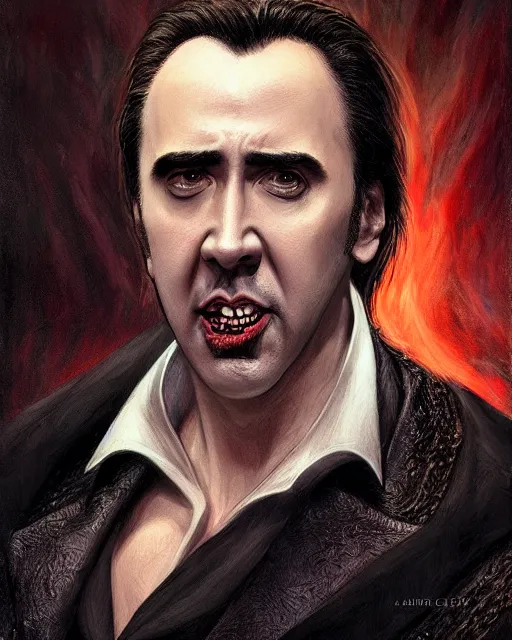 Prompt: nicolas cage as dracula, bat wings, highly detailed, centered, artstation, concept art, smooth, sharp focus, illustration, bokeh art by artgerm and donato giancola and joseph christian leyendecker