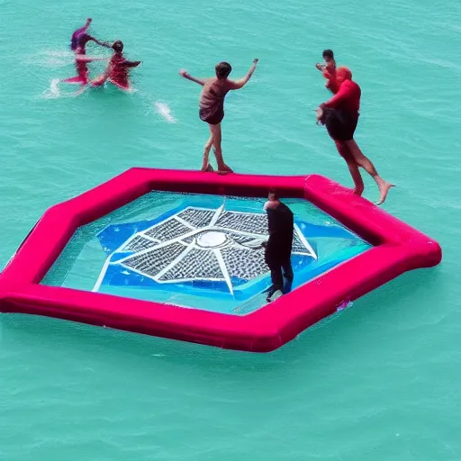 Prompt: 3 people fighting over a floating octagon