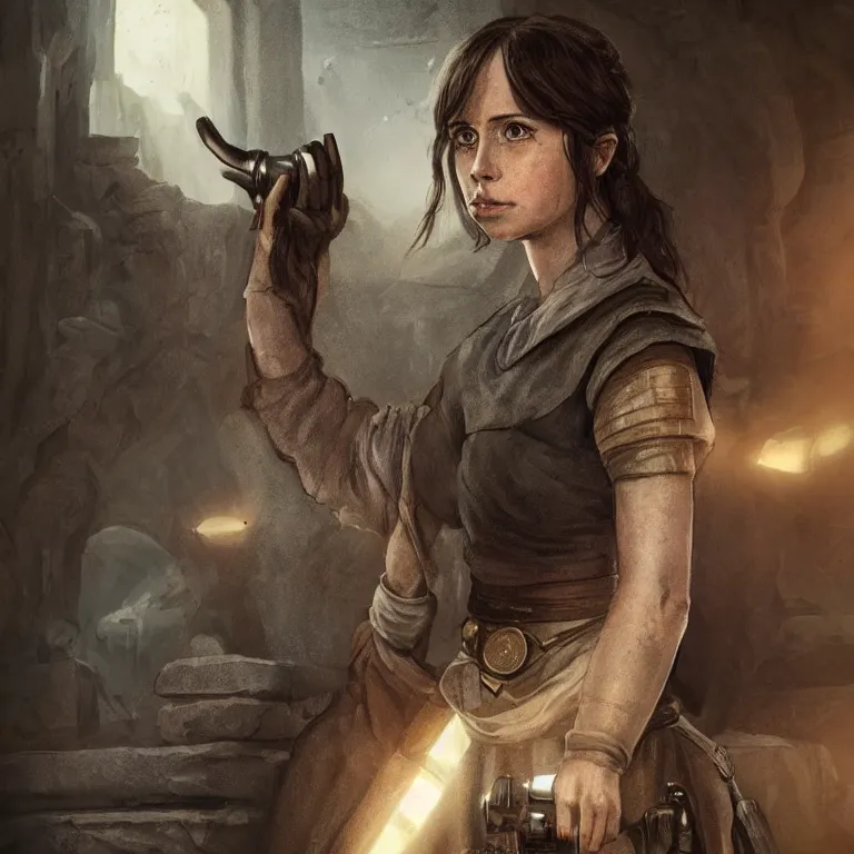 Image similar to portrait of jyn erso as a beautiful medieval maiden in a stone courtyard holding a rotary telephone, confident pose, coherent, insane detail, concept art, character concept, cinematic lighting, global illumination radiating a glowing aura