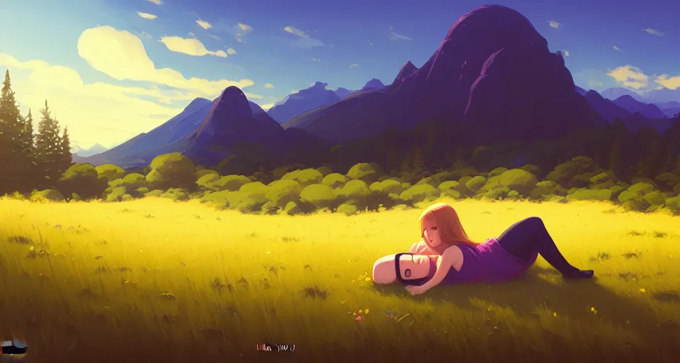 Image similar to a minion napping in a field behind a beautiful mountain landscape, night setting. realistic shaded lighting poster by ilya kuvshinov katsuhiro, magali villeneuve, artgerm, jeremy lipkin and michael garmash, rob rey and kentaro miura style, trending on art station