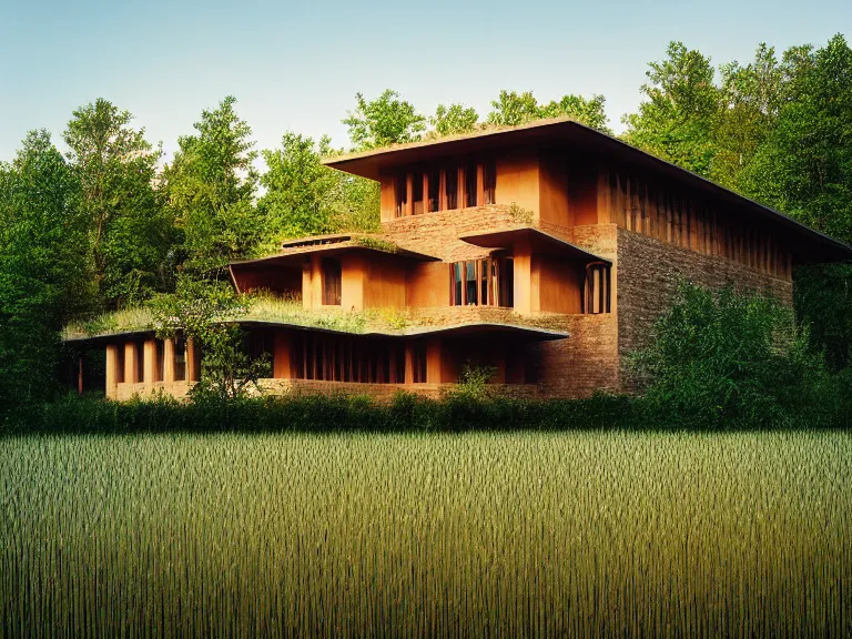 Image similar to hyperrealism design by frank lloyd wright photography of beautiful detailed eco house around the forest in small ukrainian village by taras shevchenko and wes anderson and caravaggio, wheat field behind the house