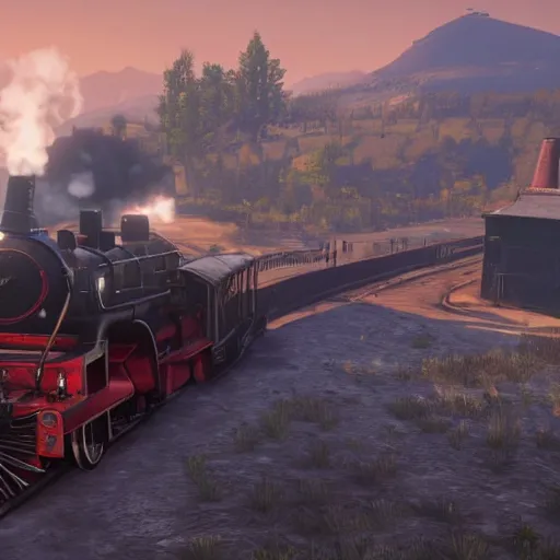 Image similar to futuristic sleek steam locomotive in red dead redemption 2