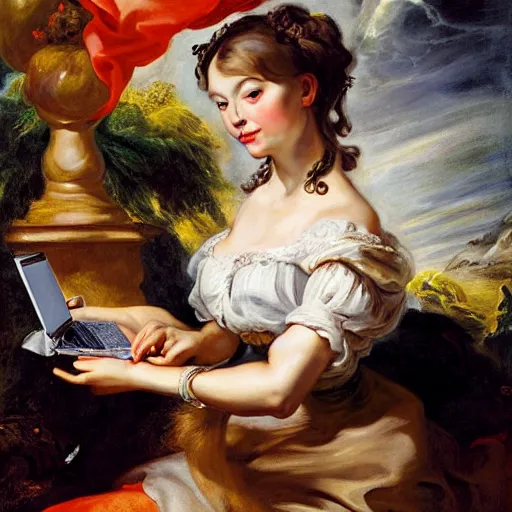 Image similar to heavenly summer sharp land sphere scallop well dressed lady working on her laptop, auslese, by peter paul rubens and eugene delacroix and karol bak, hyperrealism, digital illustration, fauvist